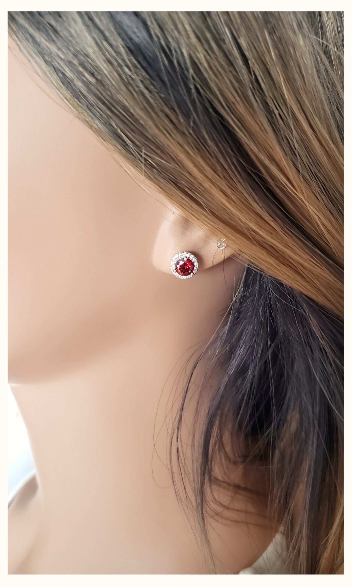 MYRLENE Lab-Created Round Halo Ruby and White CZ Diamond Simulant Stud Earrings in Rhodium Over Sterling Silver
