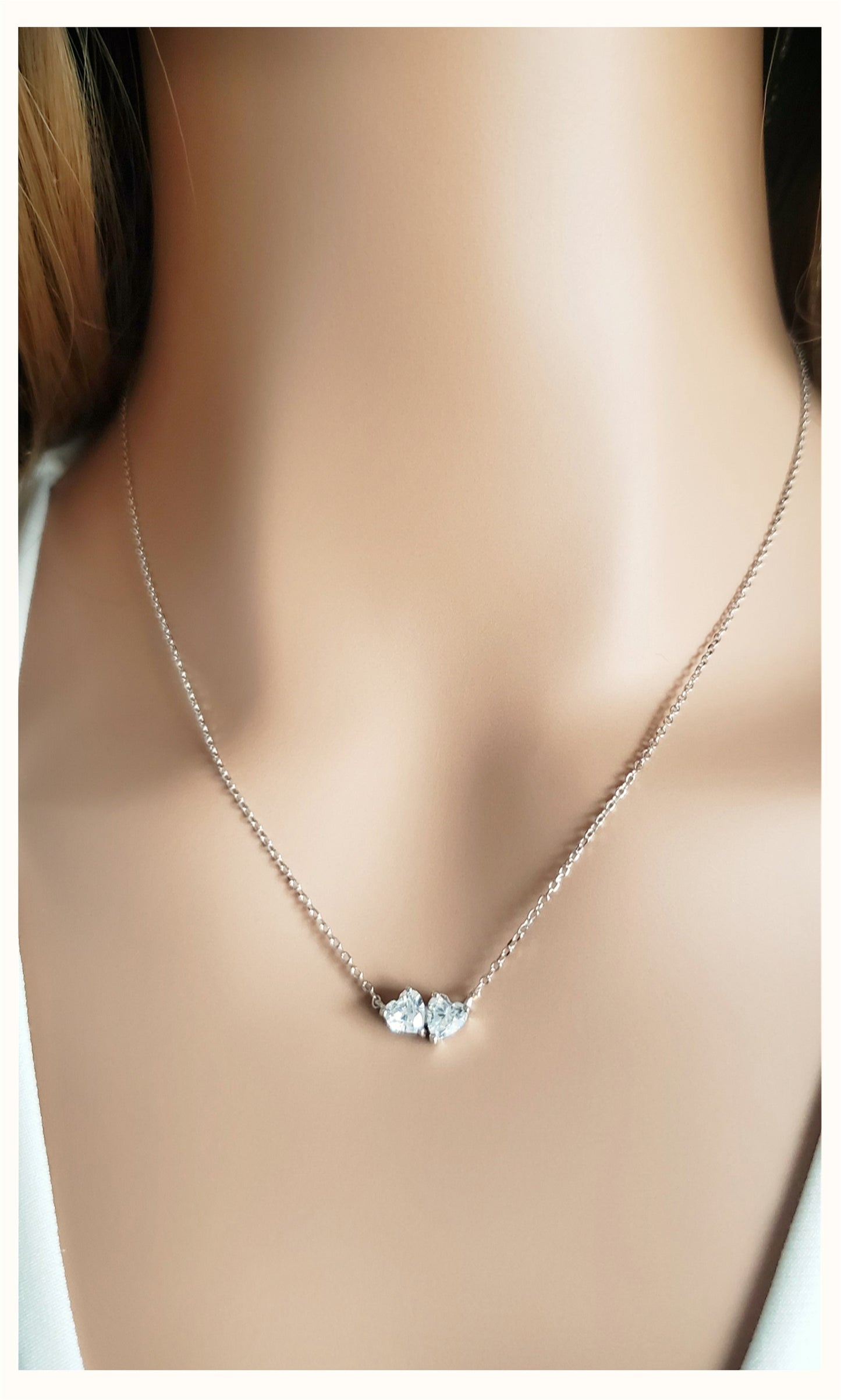 MỸ TUYEN Double Heart White CZ Diamond Simulant Pendant Necklace in Rhodium Over Sterling Silver