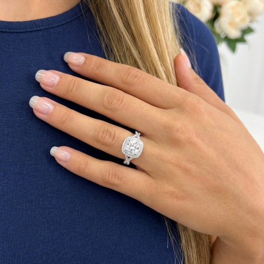 MAGGIE White CZ Diamond Double Halo Ring in Rhodium Over Sterling Silver