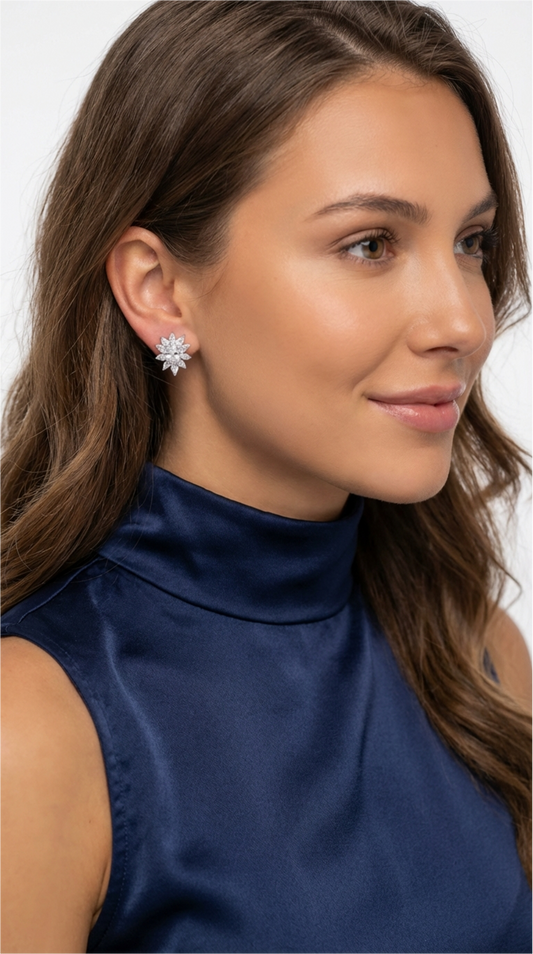 MILANIA Flower Cluster White CZ Diamond Earrings in Rhodium Over Sterling Silver