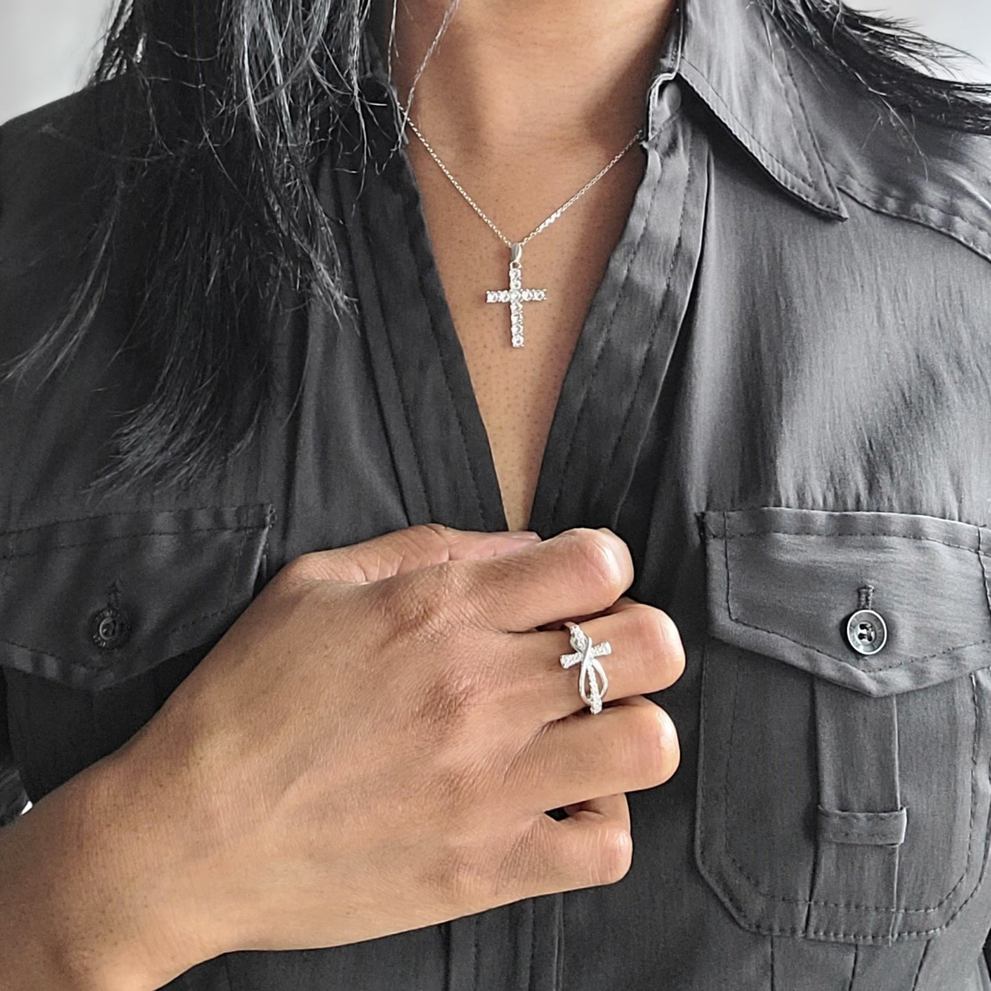 JOY White CZ Diamond Simulant Angel Cross Ring in Rhodium Over Sterling Silver