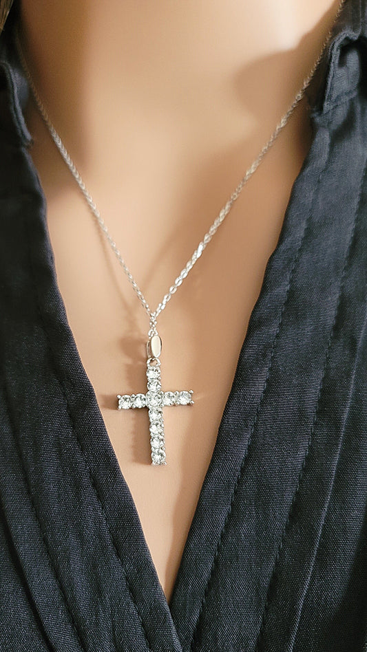 GRACE White CZ Diamond Simulant Cross Pendant Necklace in Rhodium Over Sterling Silver