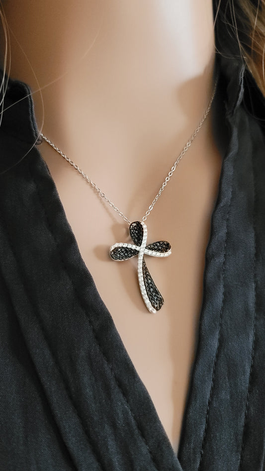 HOSANNA Black Spinel And White CZ Diamond Simulant Cross Earrings, Necklace Set in Rhodium Over Sterling Silver