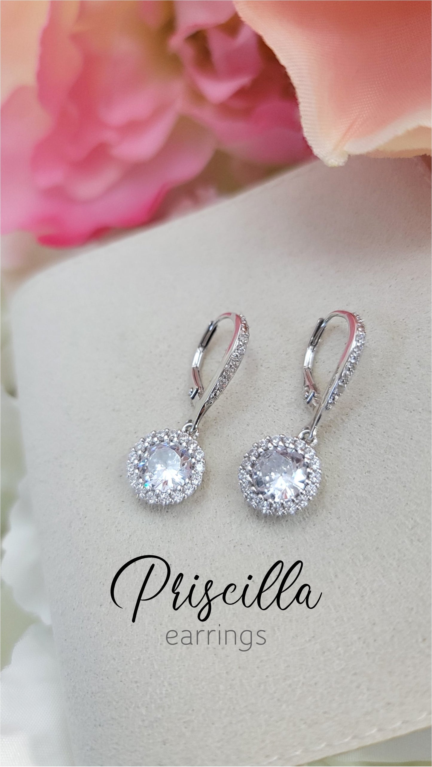 PRISCILLA White CZ Diamond Simulant Halo Round Drop Earrings in Rhodium Over Sterling Silver