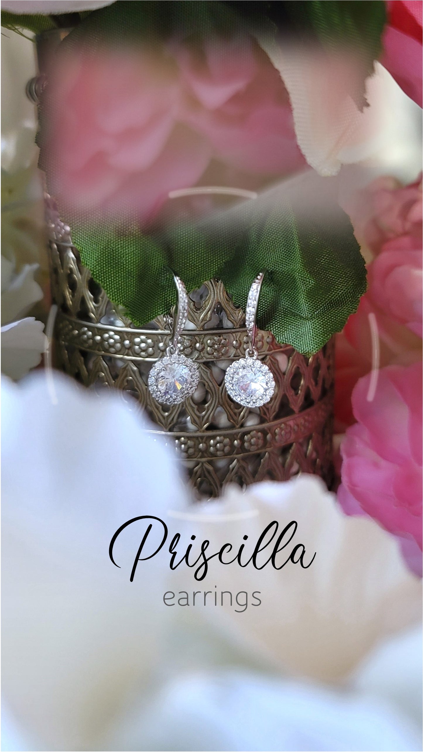 PRISCILLA White CZ Diamond Simulant Halo Round Drop Earrings in Rhodium Over Sterling Silver
