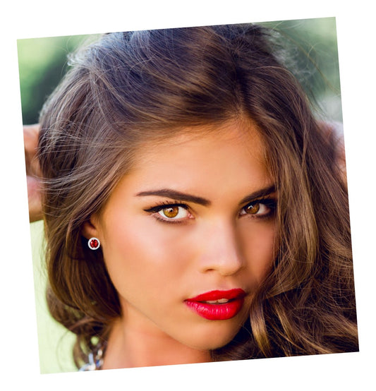 MYRLENE Lab-Created Round Halo Ruby and White CZ Diamond Simulant Stud Earrings in Rhodium Over Sterling Silver