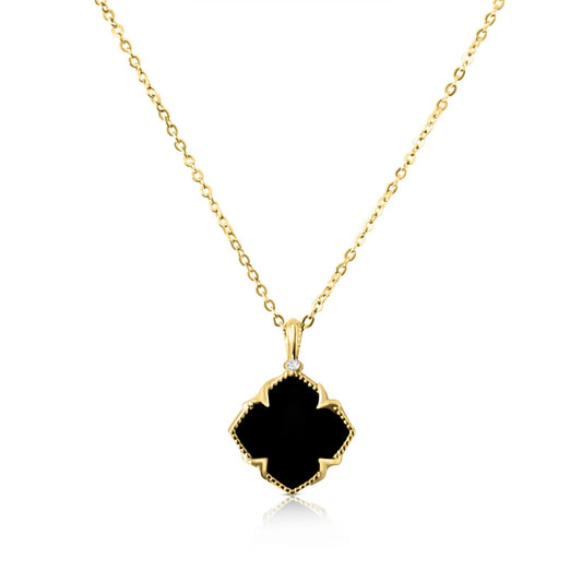 NICHOLE Black Onyx Four-Leaf Clover Pendant Necklace 14K Gold Over Sterling Silver