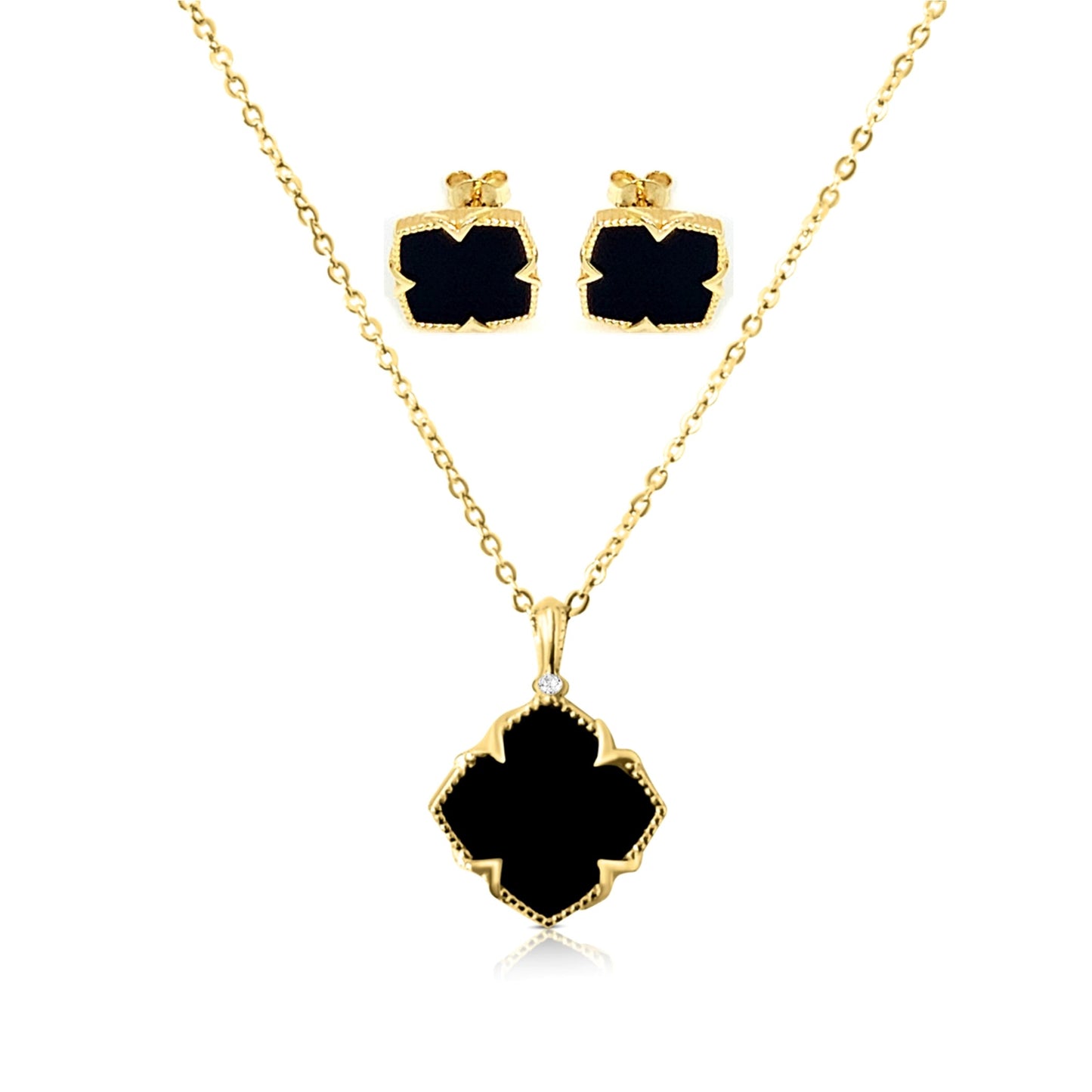 NICHOLE Black Onyx Four-Leaf Clover Pendant Necklace 14K Gold Over Sterling Silver