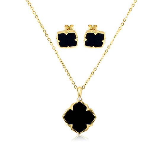 NICHOLE Black Onyx Four-Leaf Clover Earrings, Necklace Set in 14K Gold Over Sterling Silver