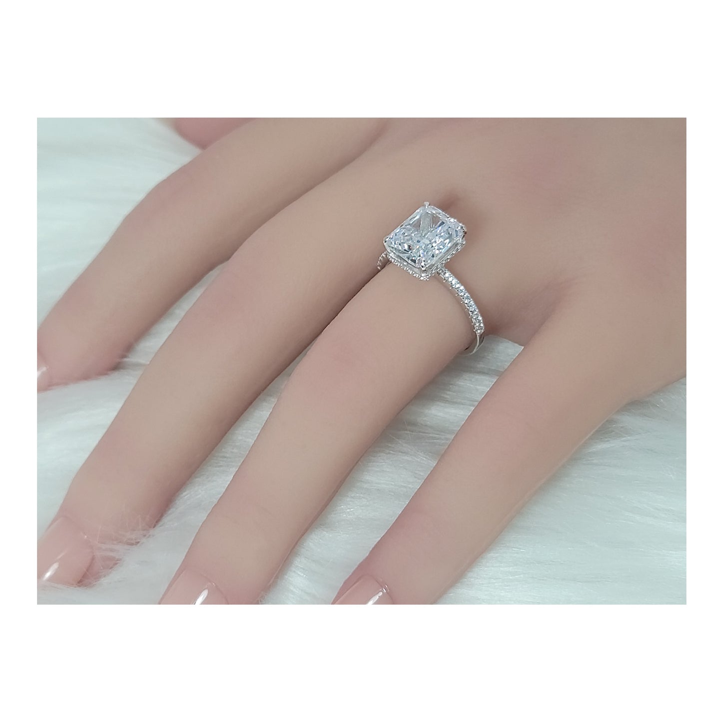 NINA White CZ Diamond Simulant Rectangle Ring in Rhodium Over Sterling Silver