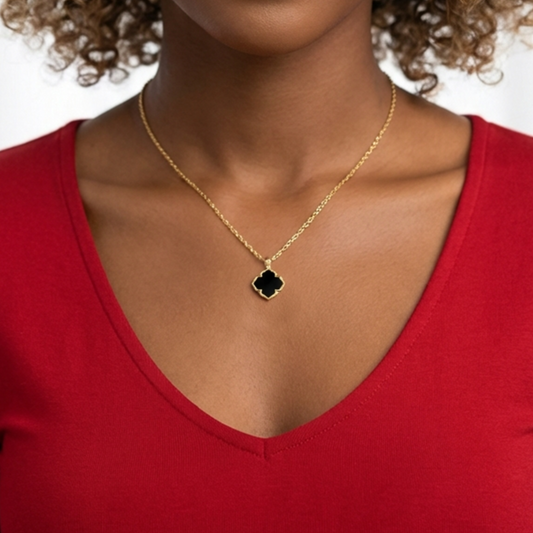 NICHOLE Black Onyx Four-Leaf Clover Pendant Necklace 14K Gold Over Sterling Silver