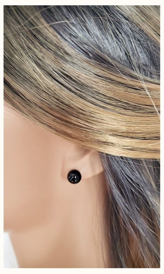 PAULA 8MM Black Onyx Stud Earrings in Rhodium Over Sterling Silver