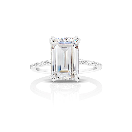 PHOEBE Emerald Cut Pave White CZ Diamond Simulant Ring in Rhodium Over Sterling Silver