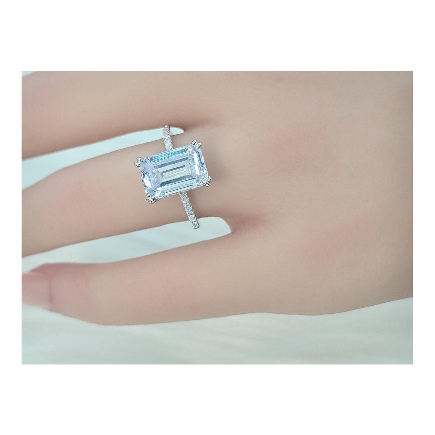 PHOEBE Emerald Cut Pave White CZ Diamond Simulant Ring in Rhodium Over Sterling Silver