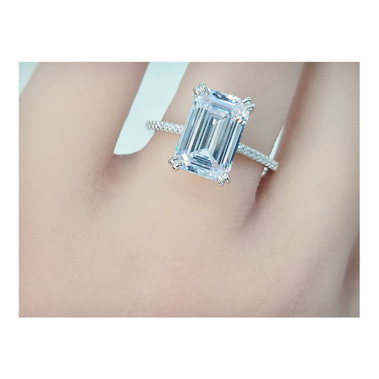 PHOEBE Emerald Cut Pave White CZ Diamond Simulant Ring in Rhodium Over Sterling Silver