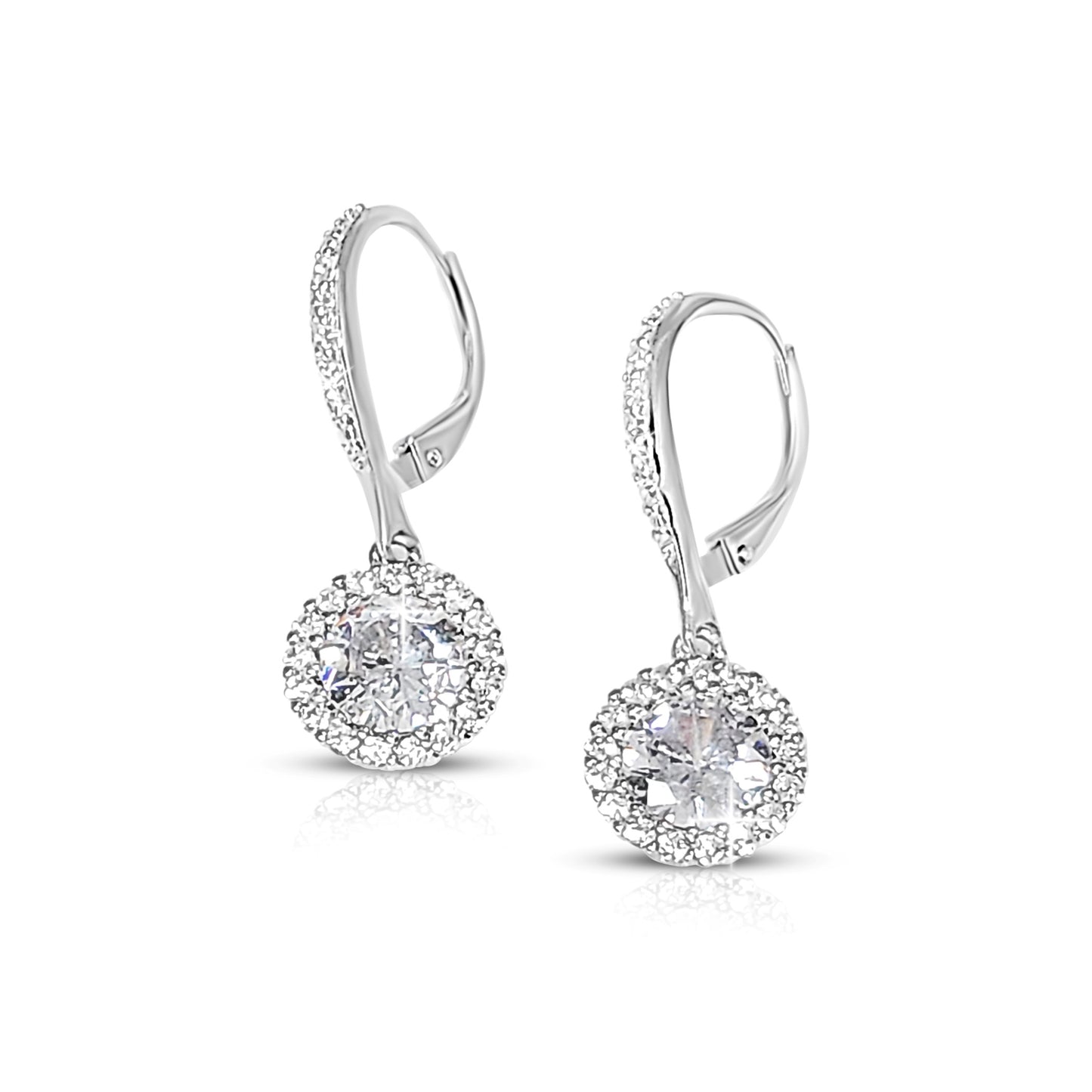 PRISCILLA White CZ Diamond Simulant Halo Round Drop Earrings in Rhodium Over Sterling Silver