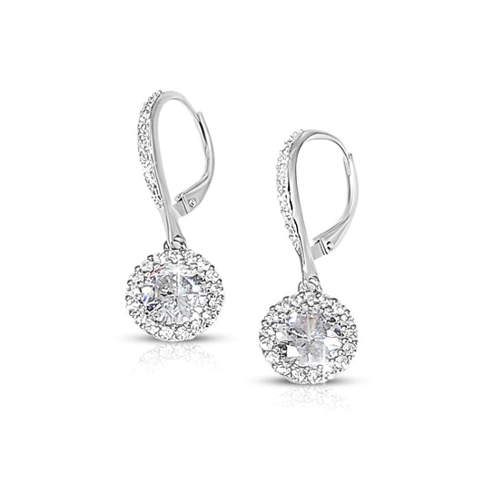 PRISCILLA White CZ Diamond Simulant Halo Round Drop Earrings in Rhodium Over Sterling Silver