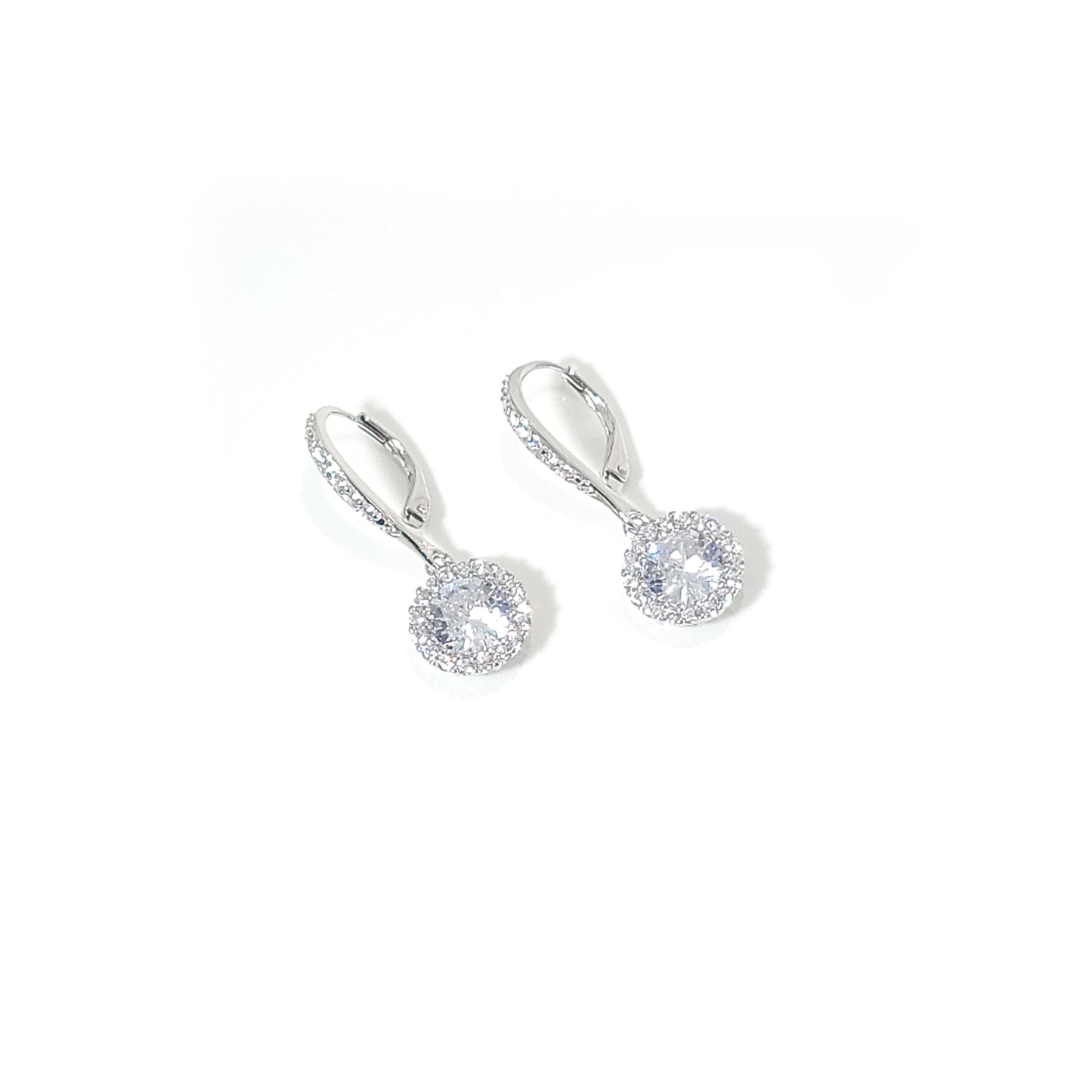 PRISCILLA White CZ Diamond Simulant Halo Round Drop Earrings in Rhodium Over Sterling Silver