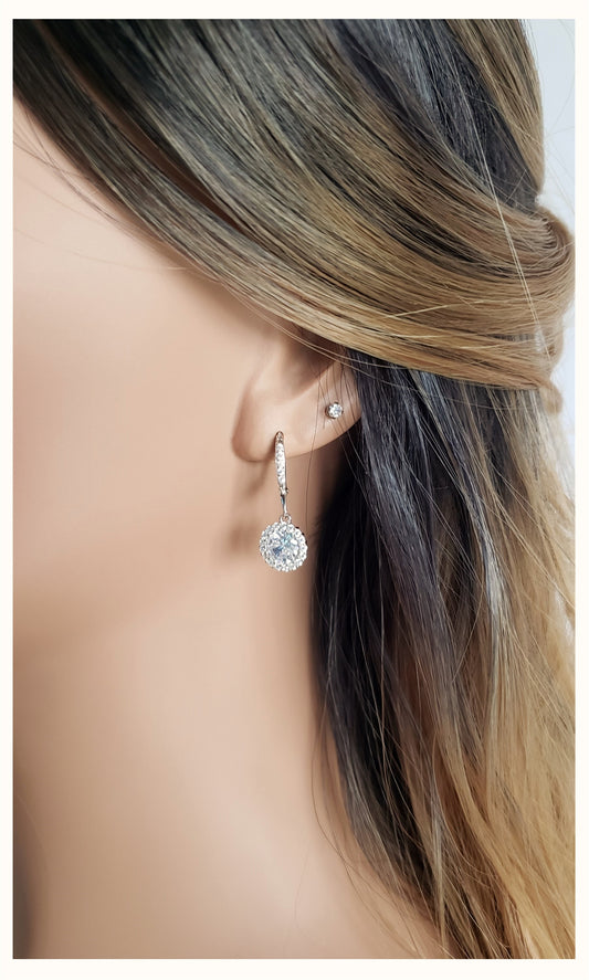 PRISCILLA White CZ Diamond Simulant Halo Round Drop Earrings in Rhodium Over Sterling Silver