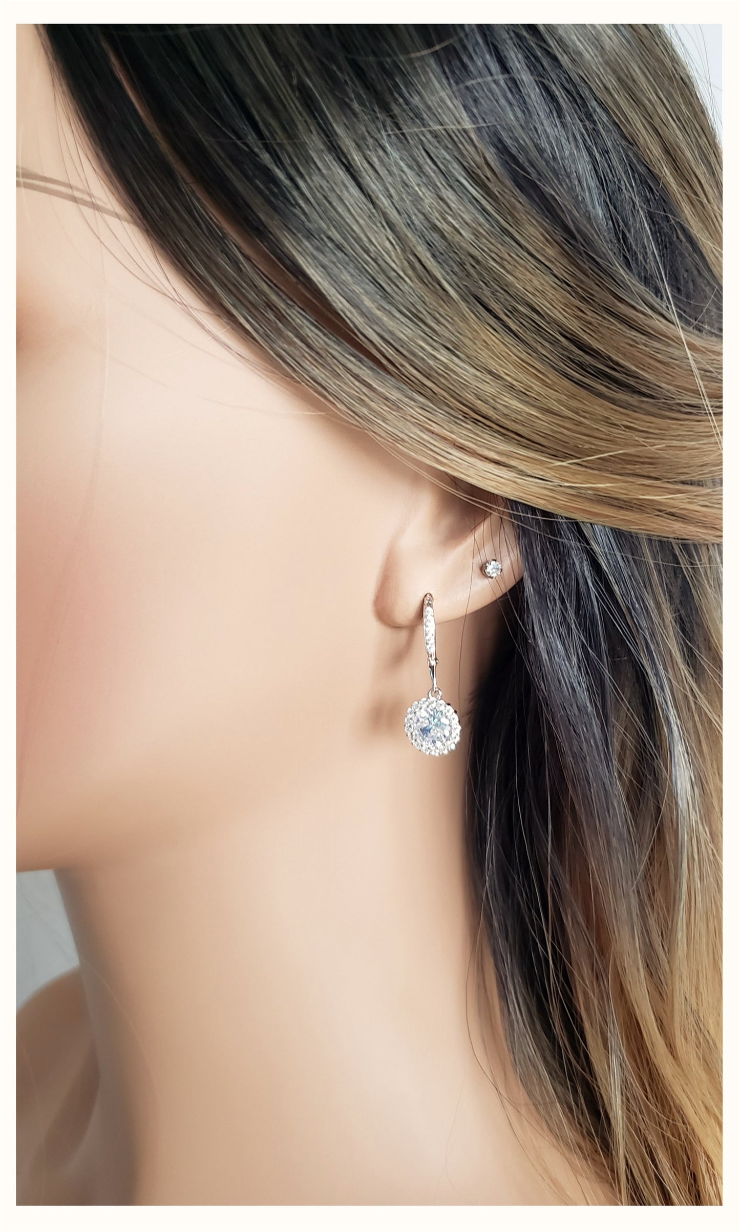 PRISCILLA White CZ Diamond Simulant Halo Round Drop Earrings in Rhodium Over Sterling Silver