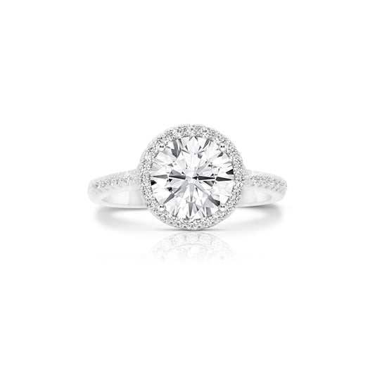 RACHEL Halo Round White CZ Diamond Simulant Ring in Rhodium Over Sterling Silver