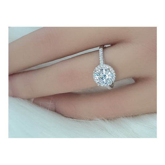 RACHEL Halo Round White CZ Diamond Simulant Ring in Rhodium Over Sterling Silver