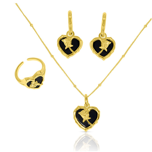 ROSE Black Onyx Heart Earrings, Necklace, Ring Set in 18K Gold Over Sterling Silver