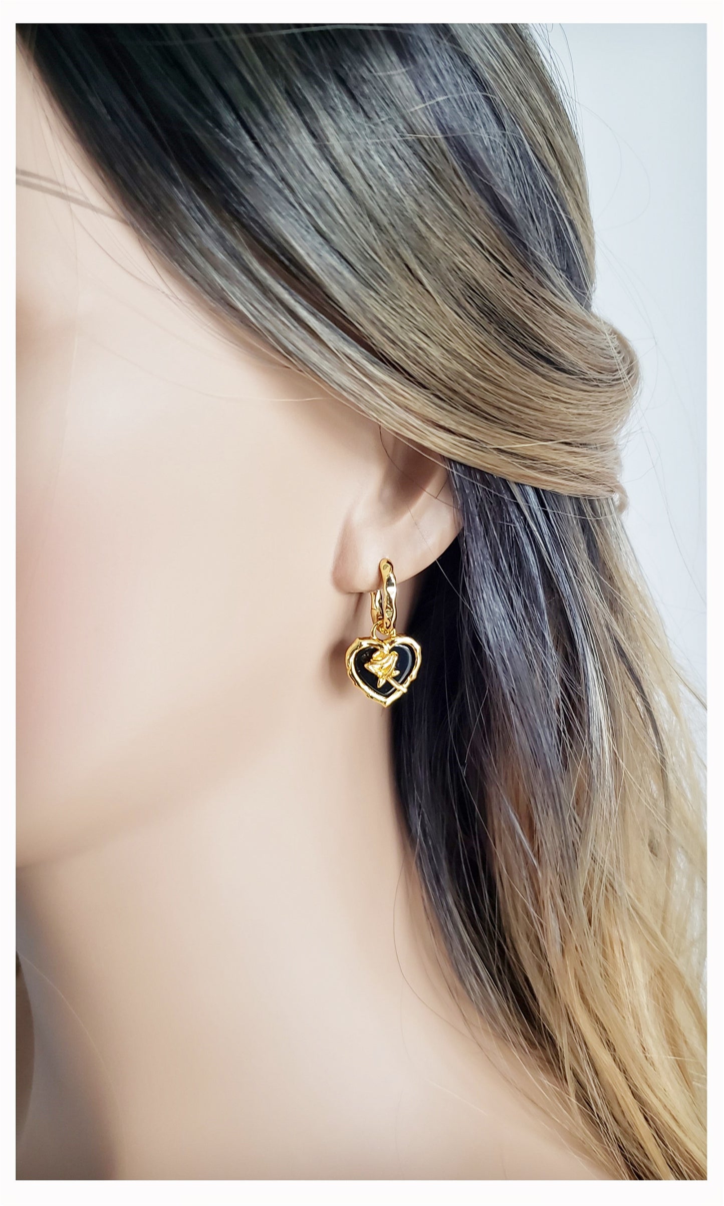 ROSE Black Onyx Heart Earrings 18K Gold Plated