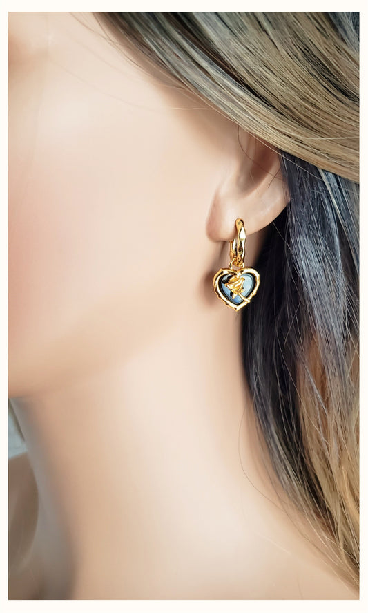 ROSE Black Onyx Heart Earrings 18K Gold Over Sterling Silver