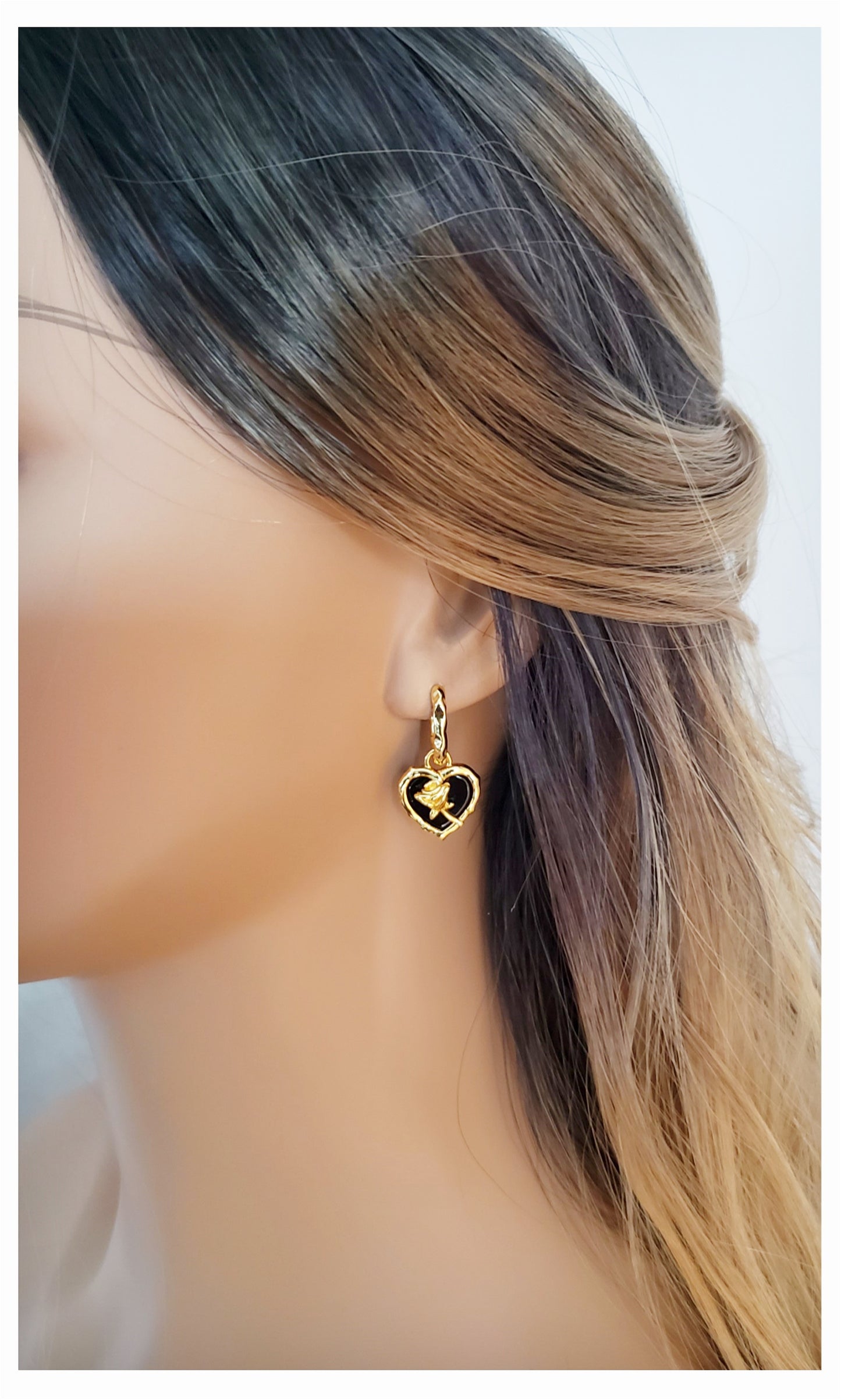 ROSE Black Onyx Heart Earrings 18K Gold Plated