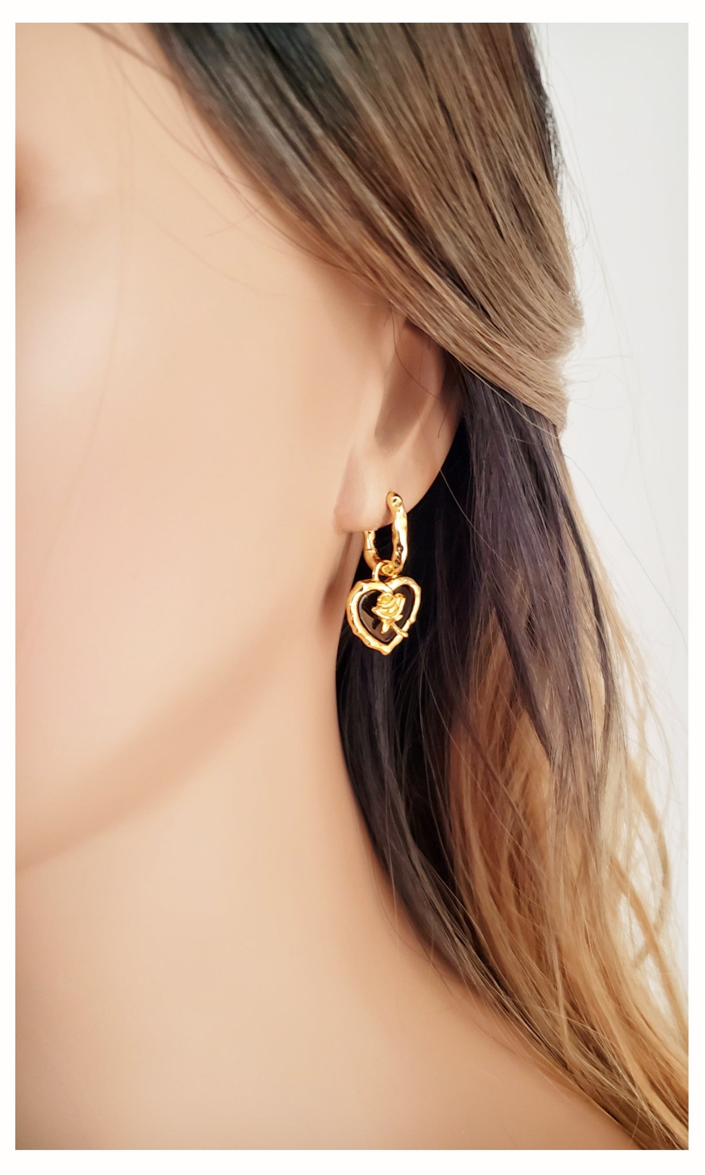ROSE Black Onyx Heart Earrings 18K Gold Plated
