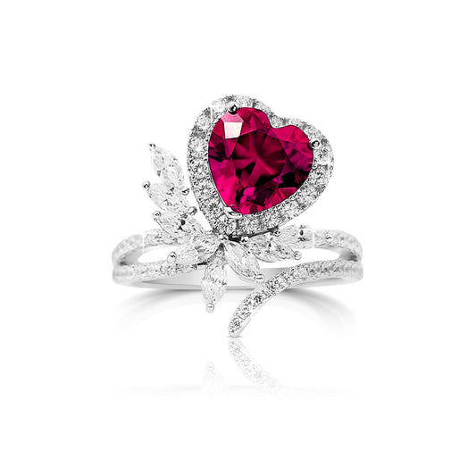 RUBEE Lab-Created Ruby Heart and White CZ Diamond Simulant Cluster Ring in Rhodium Over Sterling Silver