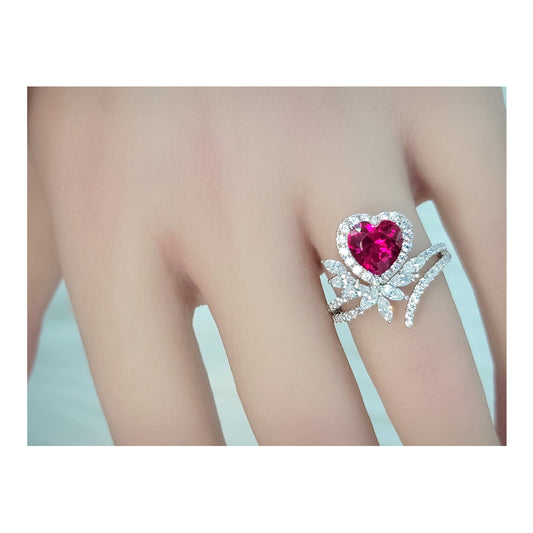 RUBEE Lab-Created Ruby Heart and White CZ Diamond Simulant Cluster Ring in Rhodium Over Sterling Silver