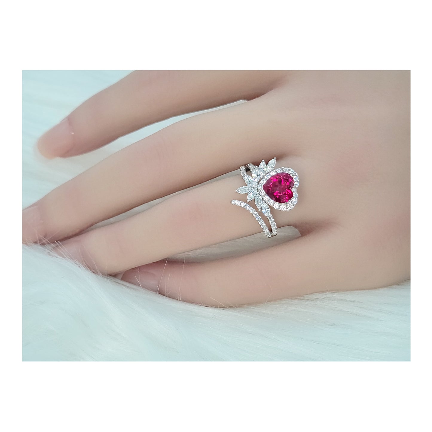 RUBEE Ruby Cluster Heart Ring • Rhodium Over Sterling Silver • CZ Diamond Simulant