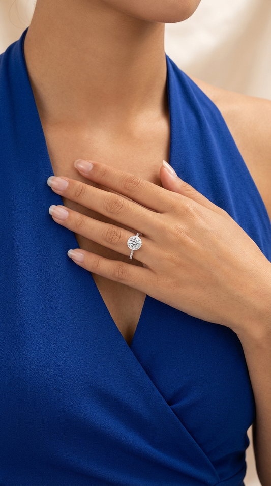 RACHEL Halo Round White CZ Diamond Ring in Rhodium Over Sterling Silver