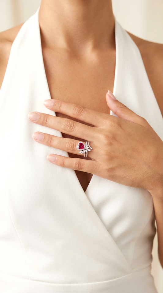 RUBEE Ruby Cluster Heart Ring • Rhodium Over Sterling Silver • CZ Diamond