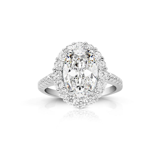 SARA White CZ Diamond Simulant Oval Cut Halo Ring in Rhodium Over Sterling Silver