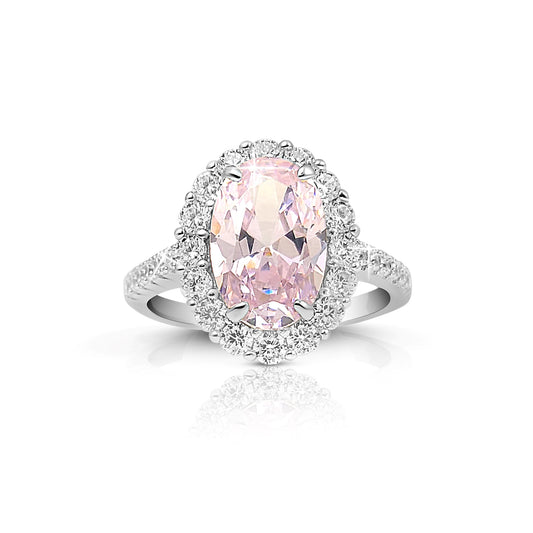 SARA Pink Oval and White CZ Diamond Simulant Halo Ring in Rhodium Over Sterling Silver
