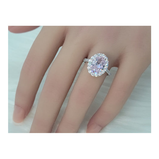 SARA Pink Oval and White CZ Diamond Simulant Halo Ring in Rhodium Over Sterling Silver