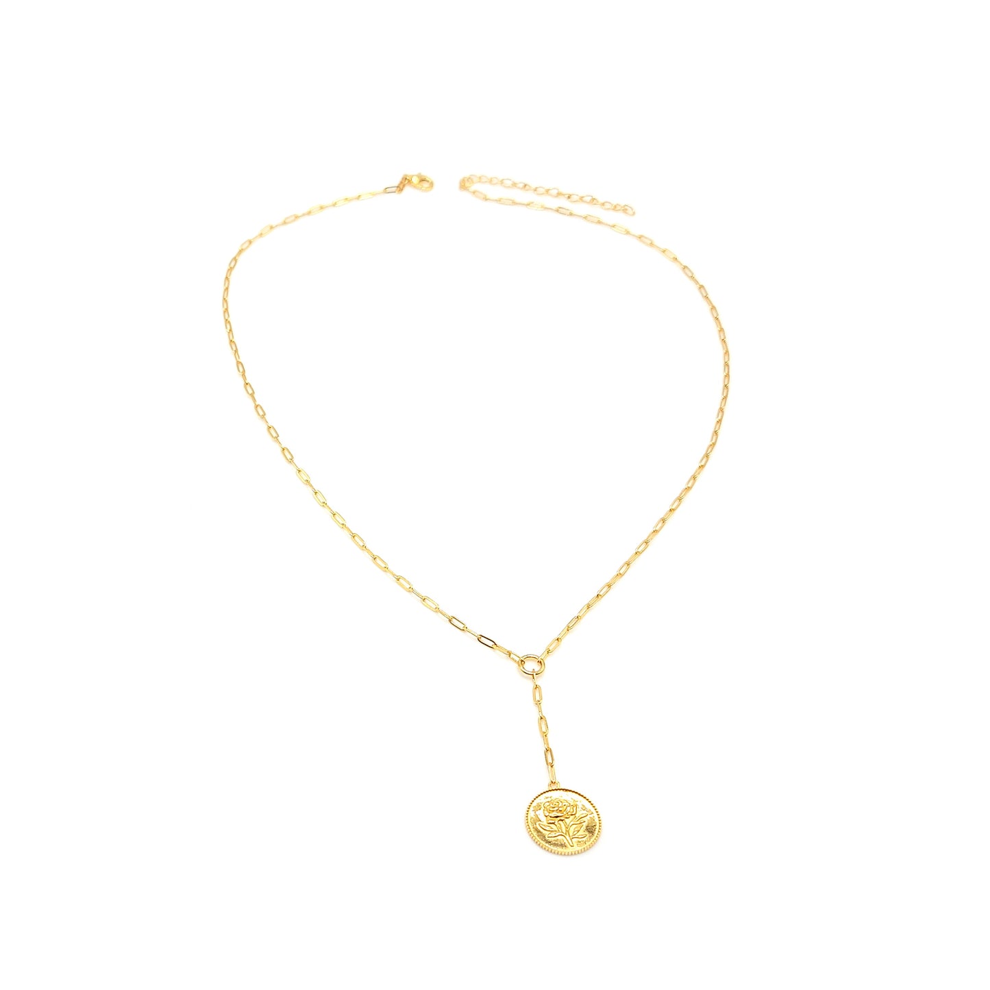 SIMONNE Rose Paperclip Chain Link Flower Drop Pendant Necklace 18K Gold Over Sterling Silver