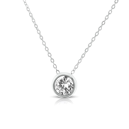 STEFANIE White CZ Diamond Simulant Round Cut Solitaire Necklace in Rhodium Over Sterling Silver