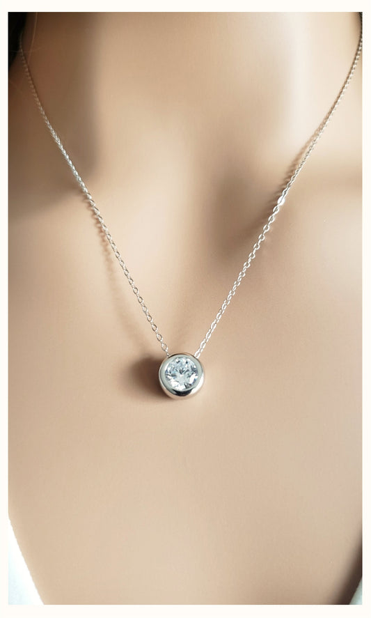 STEFANIE White CZ Diamond Simulant Round Cut Solitaire Necklace in Rhodium Over Sterling Silver