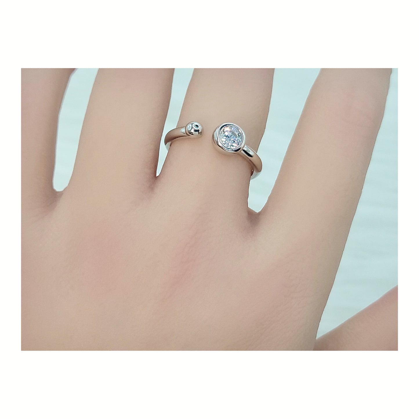 STEFANIE White CZ Diamond Simulant Round Cut Open Ring in Rhodium Over Sterling Silver