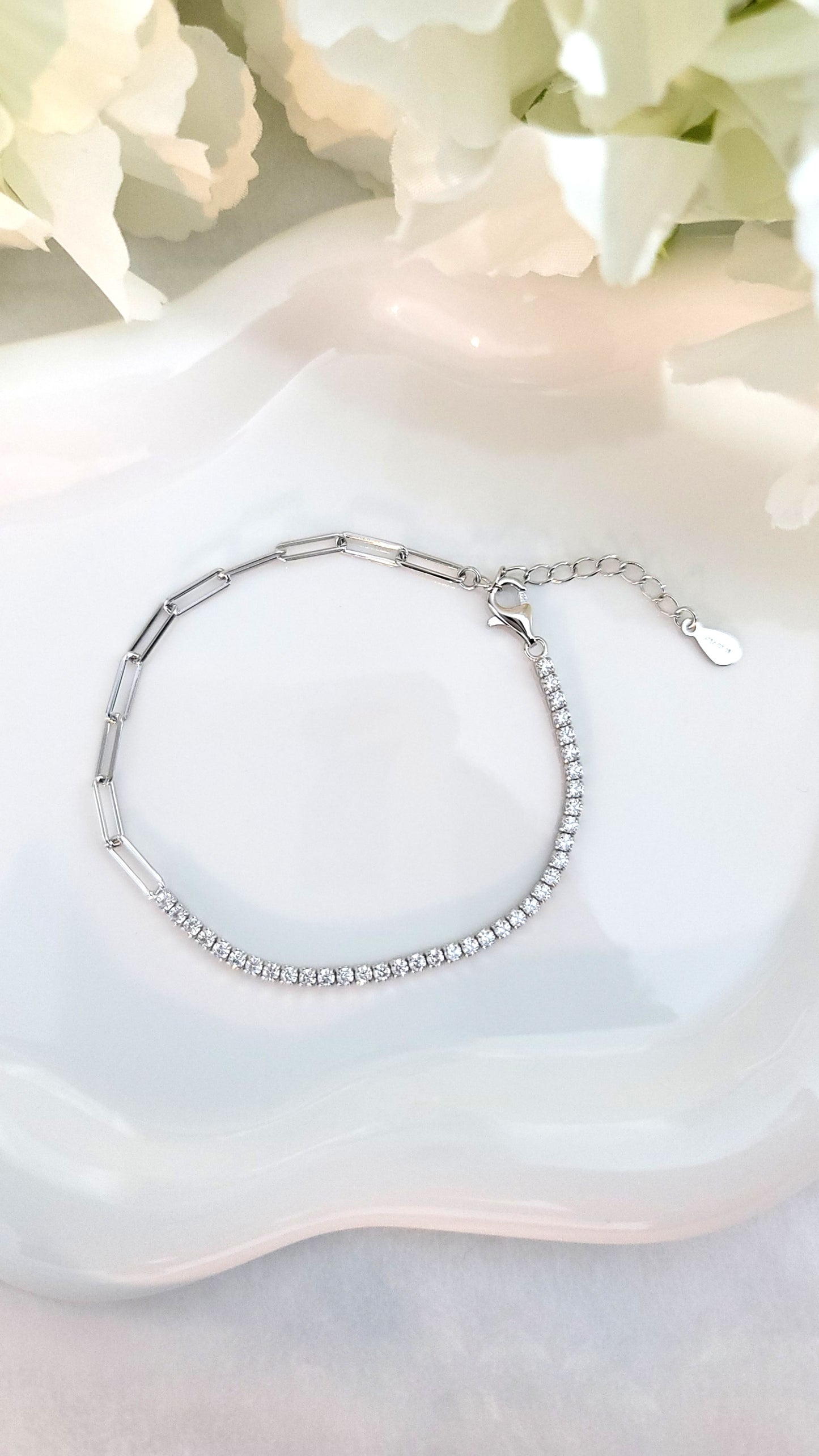 SHANNON 3MM White CZ Diamond Simulant Tennis Paperclip Bracelet in Rhodium Over Sterling Silver