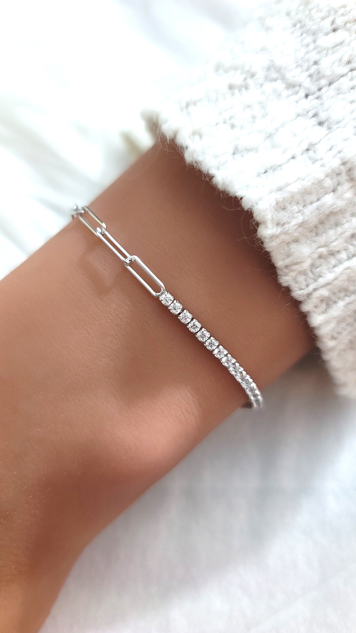 SHANNON 3MM White CZ Diamond Simulant Tennis Paperclip Bracelet in Rhodium Over Sterling Silver