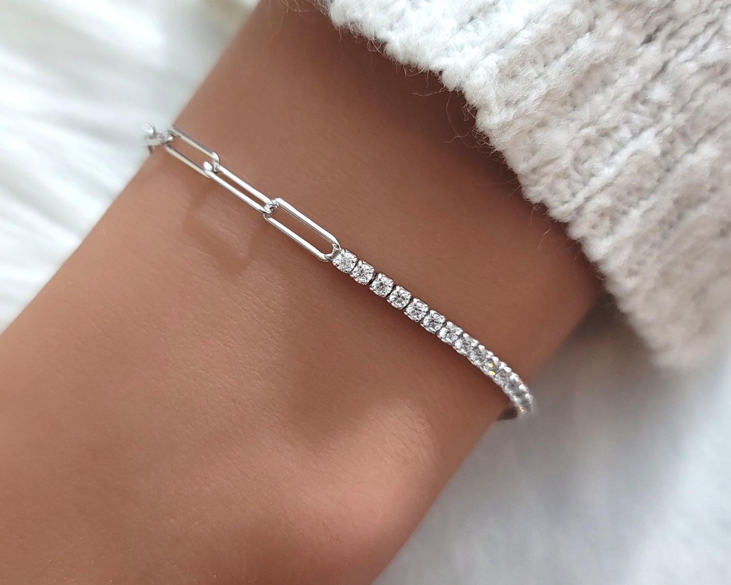 SHANNON 3MM White CZ Diamond Simulant Tennis Paperclip Bracelet in Rhodium Over Sterling Silver