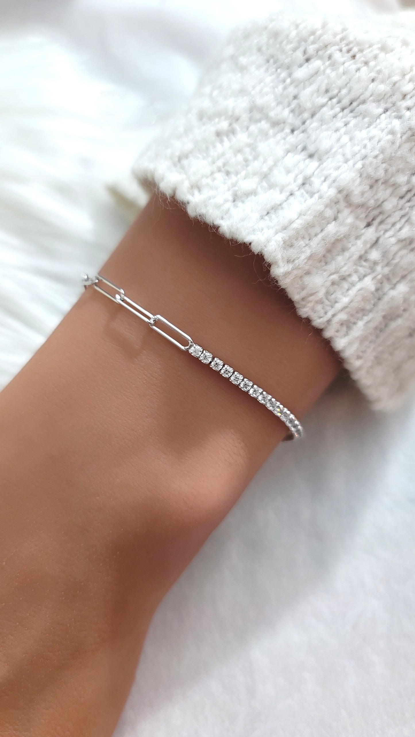 SHANNON 3MM White CZ Diamond Simulant Tennis Paperclip Bracelet in Rhodium Over Sterling Silver