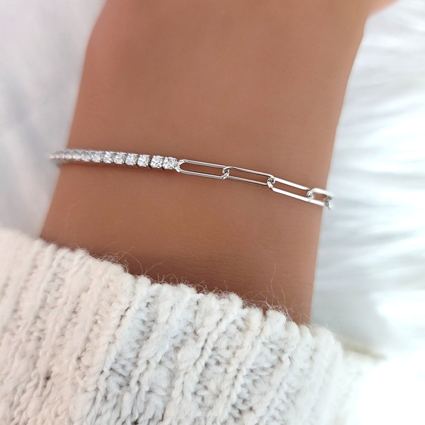 SHANNON 3MM White CZ Diamond Simulant Tennis Paperclip Bracelet in Rhodium Over Sterling Silver