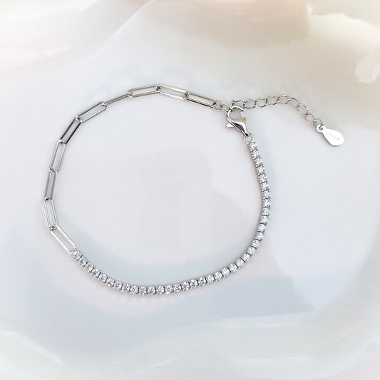 SHANNON 3MM White CZ Diamond Simulant Tennis Paperclip Bracelet in Rhodium Over Sterling Silver