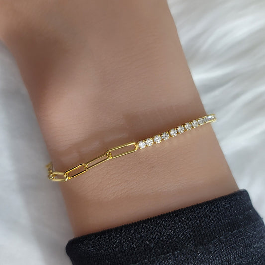 SHANNON 3MM White CZ Diamond Simulant Tennis Paperclip Bracelet 18K Gold Over Sterling Silver